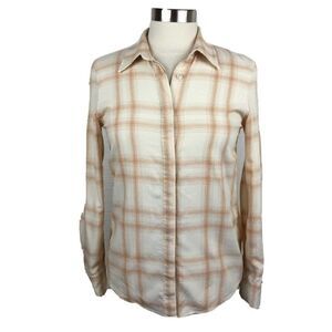 Talula Shirt S Womens White Tan Plaid Button Front Long Sleeves Casual Aritzia